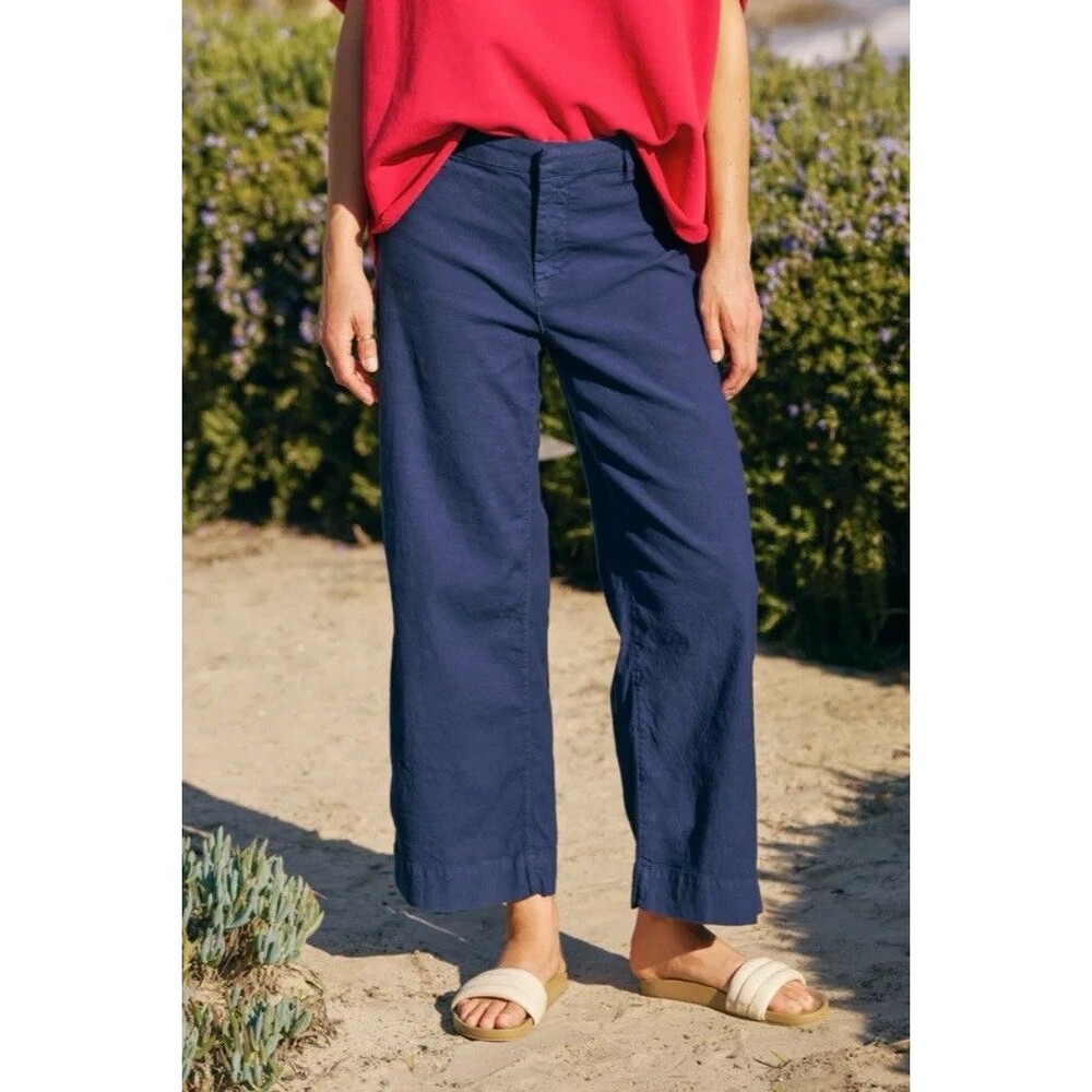 Frank & Eileen Wexford Pant Womens 10 Navy Linen Blend Wide Leg Cropped USA Made